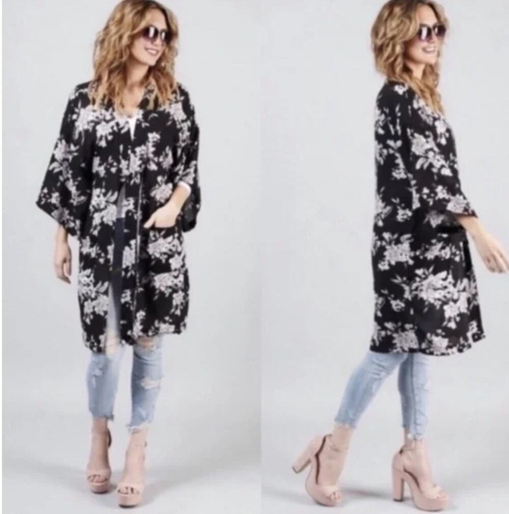 Spiritual Gangster Black and Gray Floral Kimono Boho Beach Yoga Lounge One Size